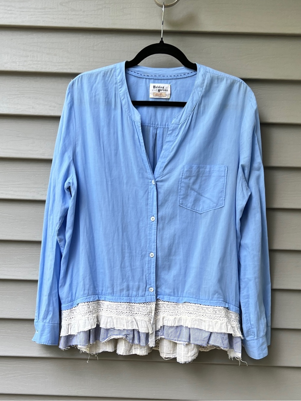 Holding Horses Anthropologie Blue Ruffle Trim Button Down Shirt Size 12